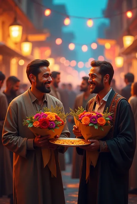 Iranian men are happy and the street is lit.
There are flowers in the hands of the people and someone is offering a tray of syrup to the people.