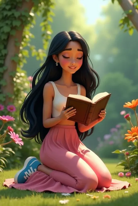  Create character animation Disney filter,  Kneeling Woman ,  with long hair, plain and color black ,  raised eyebrows, pele morena,  wearing a long pink skirt , wearing blue sneakers  ,
 smiling,reading a brown book ,  Eyes closed , smiling,  in a garden,...