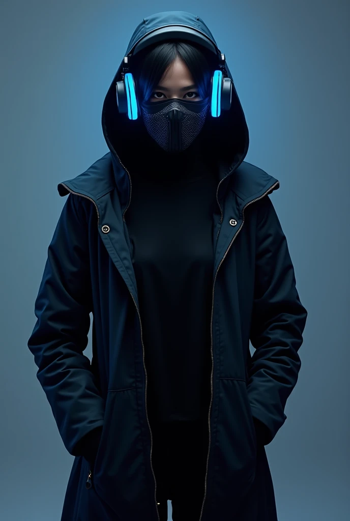 Faceless young woman ( black face ), with a black and neon blue coat and a black hoodie on the head, hands in pockets,  technological mask neon blue and black, Neon blue and black technological headphones, Cyberpunk and Dark Forbearance 