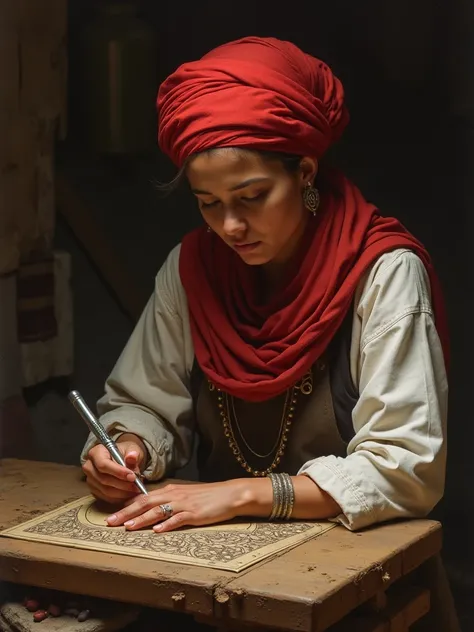 Une image réaliste caractérisée par la précision des détails, des détails complexes, des couleurs vives et harmonieuses, des dimensions et une profondeur d'image claires et réalistes, d'une belle femme portant un turban rouge et des vêtements de travail et...