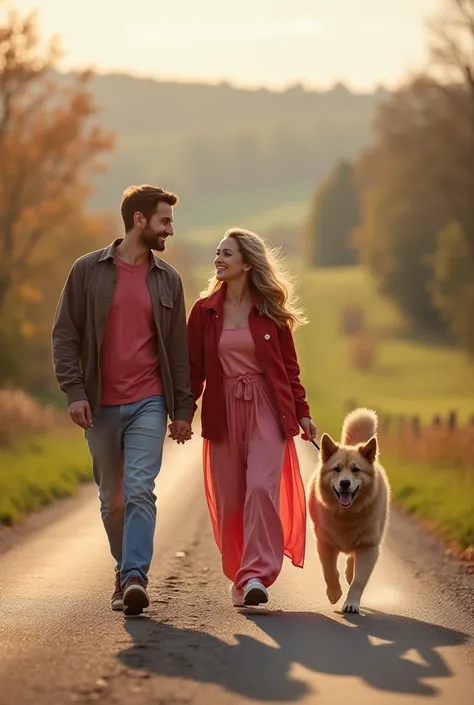 Suitable valentine day clothes colour for couples on the road walking and smiling and the dog