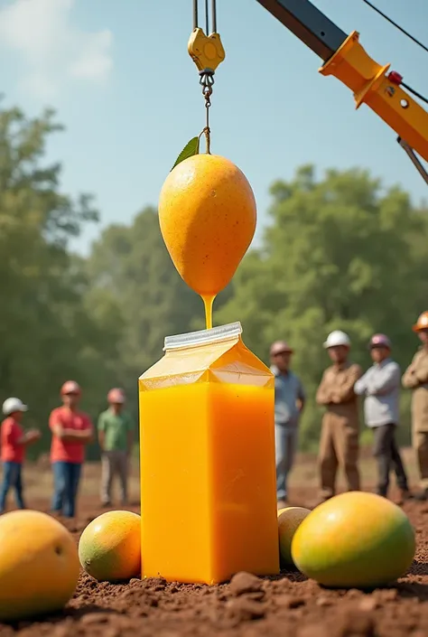 The image shows a "Juhayna" mango juice large carton standing on earthsurface and crane is lifting a large mango and to be juicing into the carton juice. there are fresh mangoes next to carton and worker is moving mango to crane . A group of engineer and w...