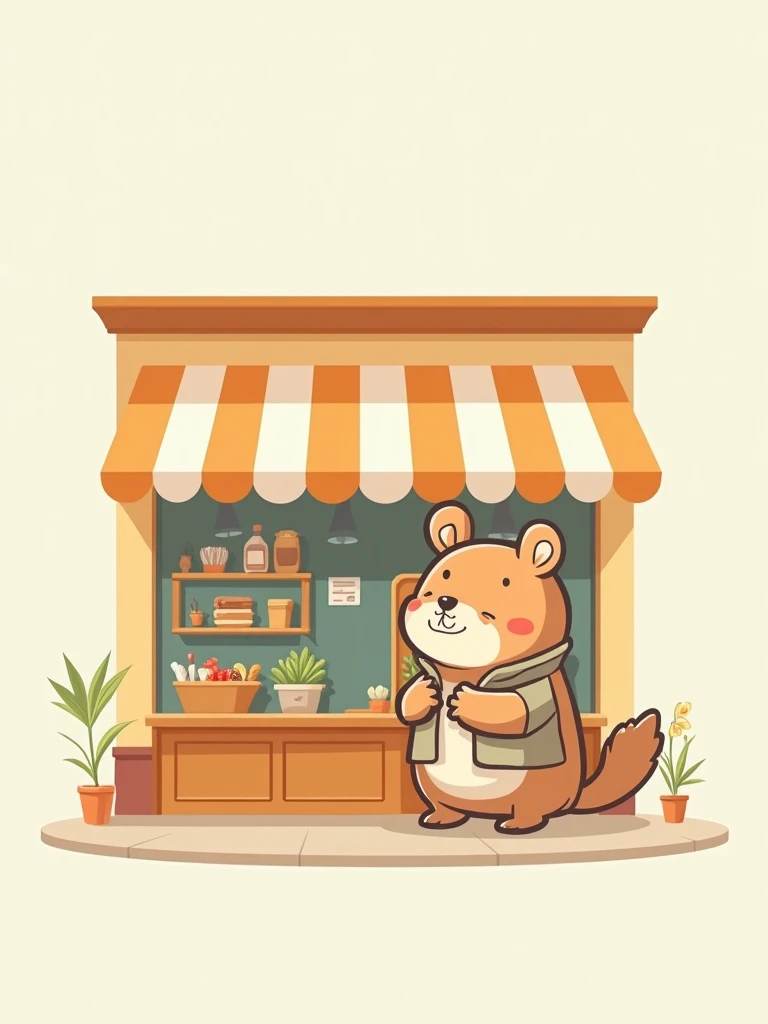  creates a kawai-style and minimalist drawing of a capybara (ronsoco) entrepreneur with his store . The image must have an animated and friendly style 