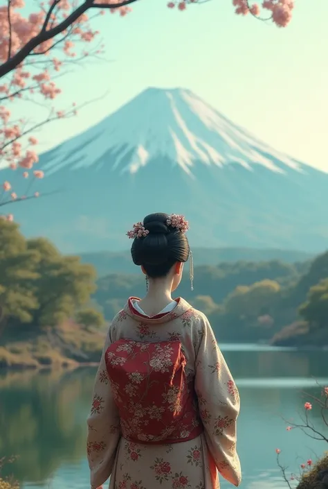 A geisha from behind looking at Mount Fuji

