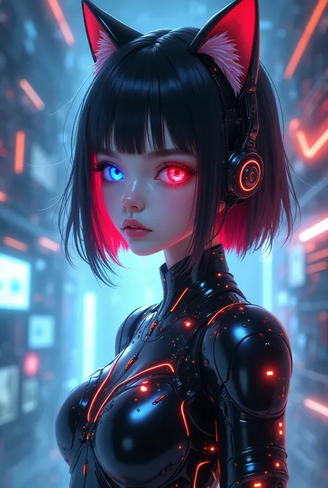 score_9, score_8_ upwards, score_7_ upwards,  eastnik_anime, fantasy,  1girl,  short hair,  heterochromia ,  Red eye , blue eyes ,  black hair,  red hair , android,  cat ears,  Science fiction,  futuristic 