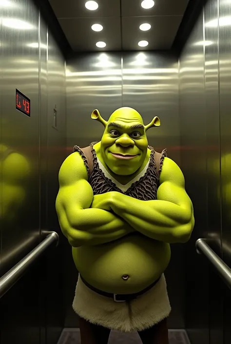 Shrek, a green ogre, is standing in a sleek, modern elevator with mirrored walls and soft ambient lighting. He leans against the stainless steel railing, his massive arms crossed and his posture slouched in boredom. The digital floor indicator slowly count...