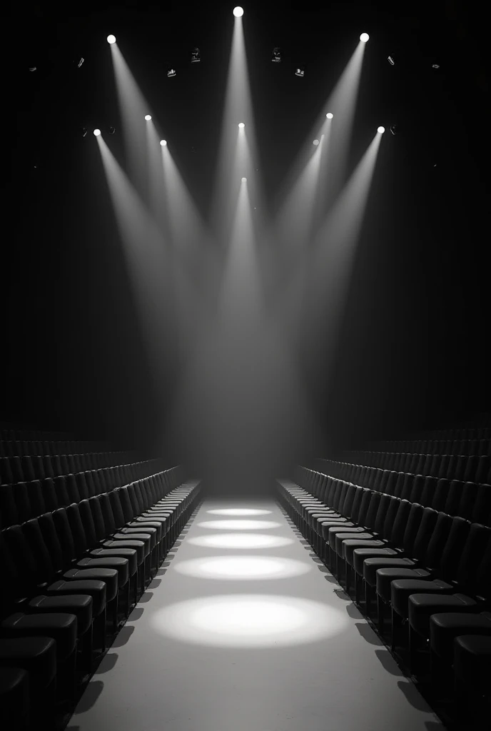 I want a picture of a fashion show stage without any people present and the chairs are empty of people. I want it to be as simple as possible, just above the poor class. I want the stage to be almost new, meaning projector lighting. I want the stage to be ...