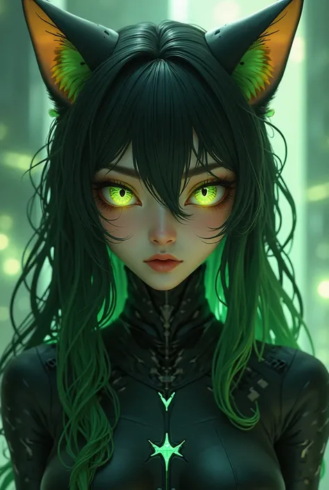 score_9, score_8_ upwards, score_7_ upwards,  eastnik_anime, fantasy,  1girl,  long hair,  heterochromia , yellow eye,  mystical eye color,  black hair, green hair curls , android,  cat ears,  Science fiction,  futuristic 