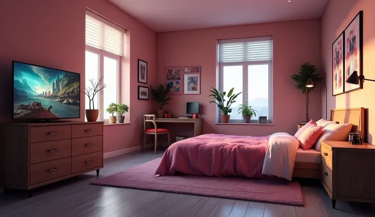 There is a room with a bed, Mesa, and a television, , games room in 2 0 4 0, games room,  personal bedroom background , , Very realistic 3D render ,  youtuber , in 3D rendering style,  rendering vray 8k ,  studying in the bedroom,  animation style renderin...