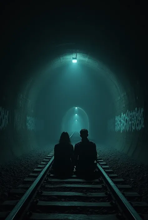 A picture of two people sitting on railway tracks in a dark tunnel 