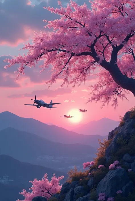  Create a wallpaper in a Japanese environment with a cherry tree in the mountain on a slightly purple sunset. In the background but visible, put a formation of Japanese a6m2 ZERO combat aircraft. And in the center below a text that says “SAKAI” 