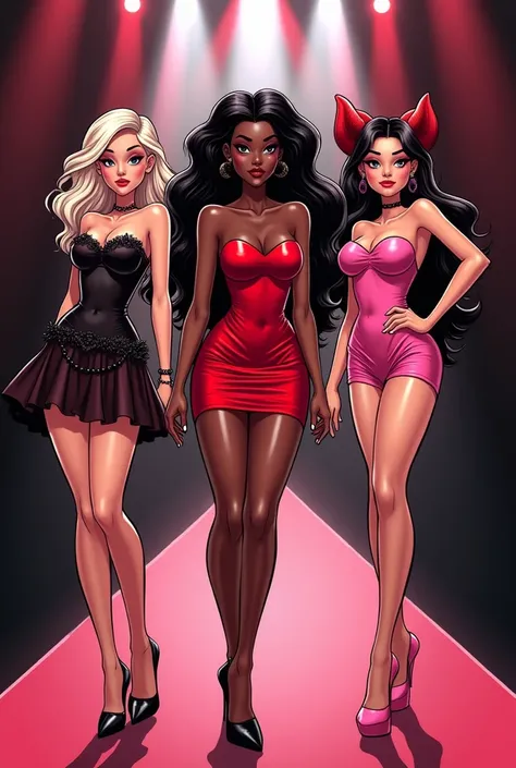 Prompt to generate an image like something like a cartoon black and white three ladies animated picture dress in pink red and black and they are models posing like a slay queen with something like a runway background with lights white and red 
With the nam...