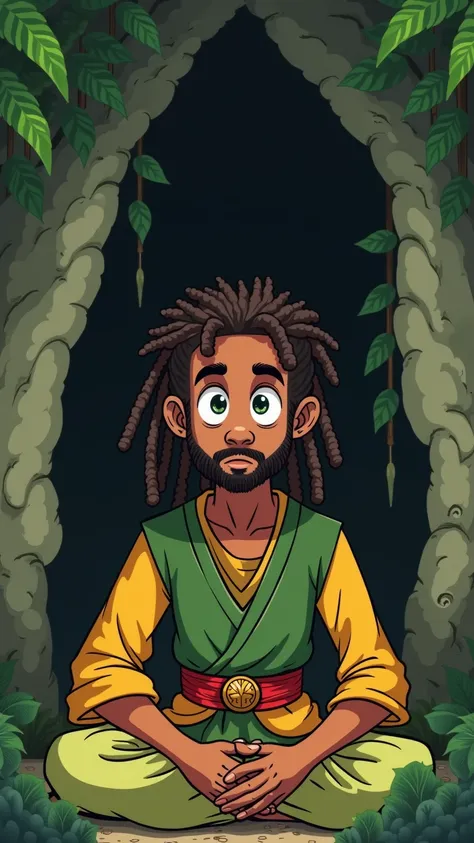 Create for me a cartoonish illustrative image of an adult man, about 45 years old, light brown with green eyes and dreadlocks hair, sitting somewhere secluded with a serious face and a wise appearance, wearing green, yellow and red costumes in a peaceful a...