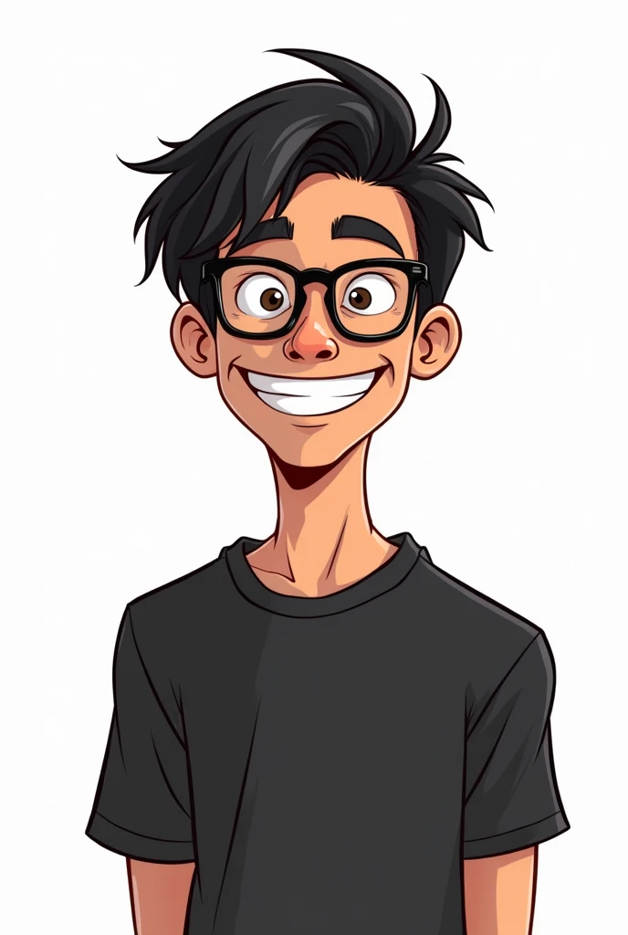 Cartoon image drawn with thumb-style graphics, An ordinary gamer man with black glasses, ordinary black shirt, white scenery background, frayed or standard black hair , Smiling hipster 