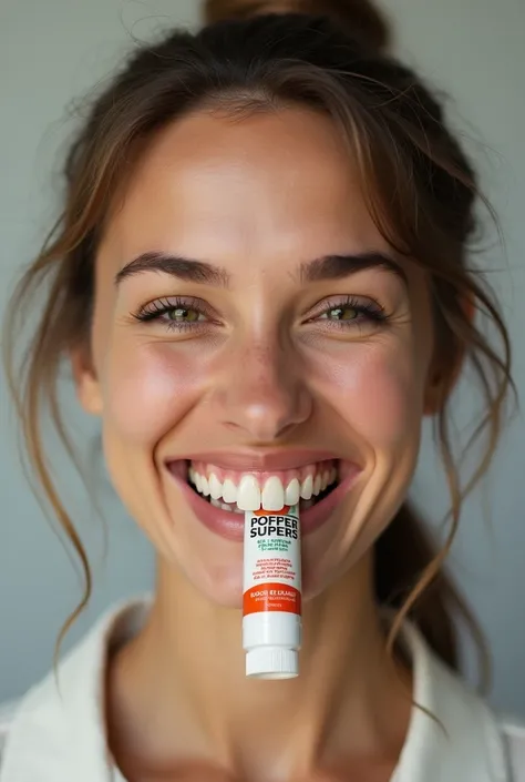 Generate a woman smiling proudly displaying a superglue tube permanently glued between her teeth 