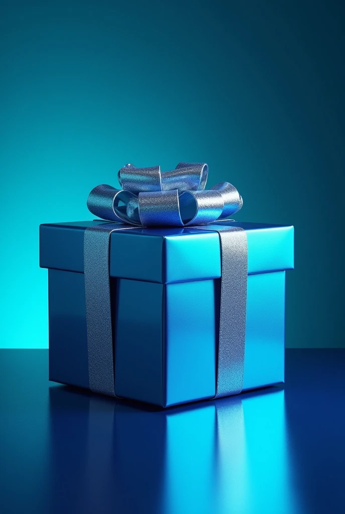 "A sleek, metallic blue gift box with a glossy, reflective surface, wrapped in shimmering silver ribbons that highlight its elegant structure. A perfectly tied bow sits on top, catching the light with a cool, futuristic glow. The background features a grad...