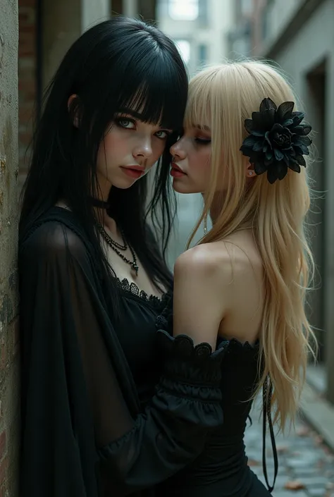 A goth girl with black hair and bangs with her blonde girlfriend with long hair 