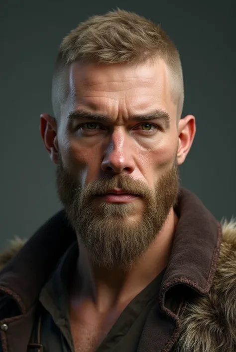  strong young handsome and athletic man, three days beard,  mat skin ,  short blonde hair shaved at the sides, hazel green  eyes,  hyperealistic , viking, leather clothes,  determinated face, 