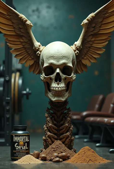 Skull in the gym with wings retro style, with supplements that say Immortal Skull 