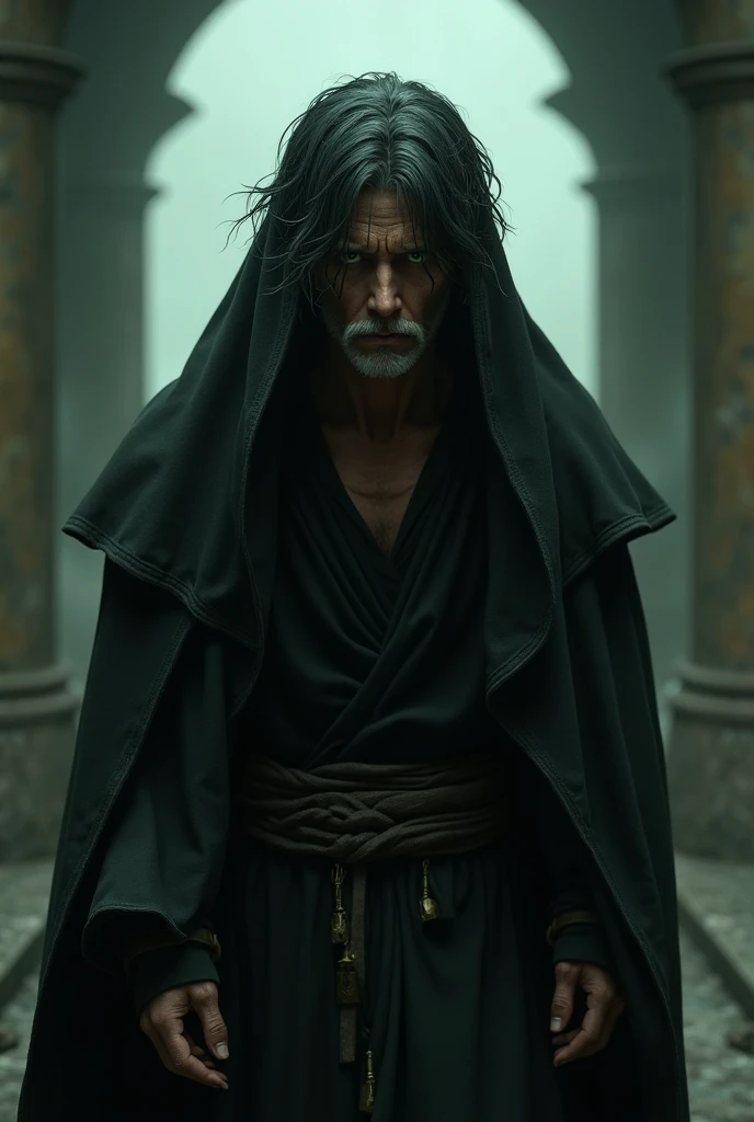 half elf priest, male, simple black robe, hooded, dark fantasy, dark green eyes, death theme, short black hair covering forehead, frightened eyes, hunched over a little, adult, realism, withered skin