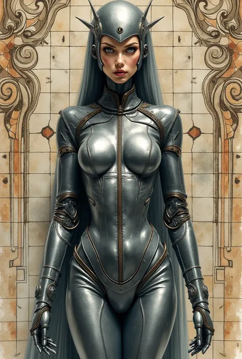 A detailed watercolor painting of a slender robot dominatrix in steel and leather. Menacing posture. Style of Enki Bilal. Style of Philippe Druillet. Style of Moebius. Style of Métal Hurlant. Ornate tiles background.