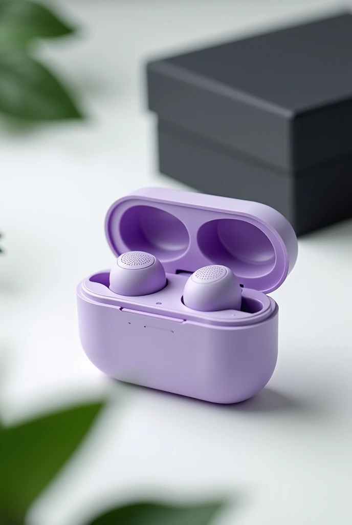 To create the first part of the image with a similar position and background, use this detailed prompt:

"A pair of modern, pastel purple wireless earbuds inside an open charging case with a smooth, matte finish. The case is slightly tilted, showcasing the...