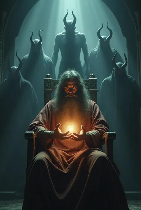 A wide shot of Solomon sitting on his throne, with the glowing ring in his hand, surrounded by spectral figures of demons and shadowy entities. The supernatural beings appear to be at his command, hovering around him but under his control. The throne room ...