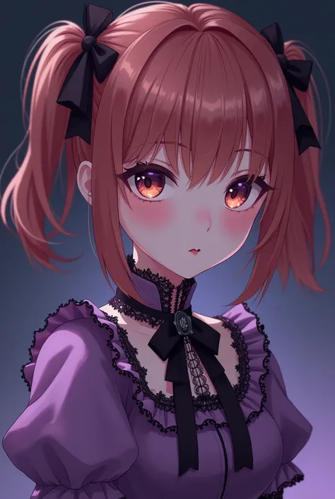 Cute anime girl lolita style with ginger short ponytails, collor palette must be from purple to dark purple,dark vibes 