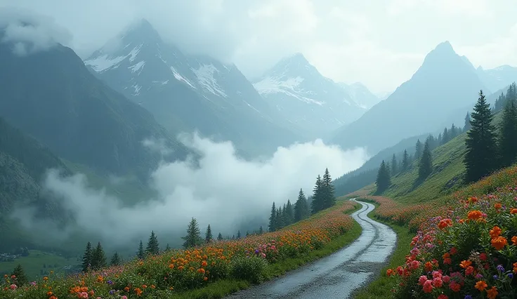 Mountain road in an area full of mountain flowers and in the depths mountains penetrated by clouds with fog covering the fields, cinematic