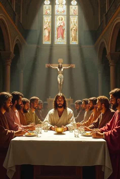 Create the Holy Supper with the disciples all seated at the table inside the church
In a clear environment and the disciples are all cheerful