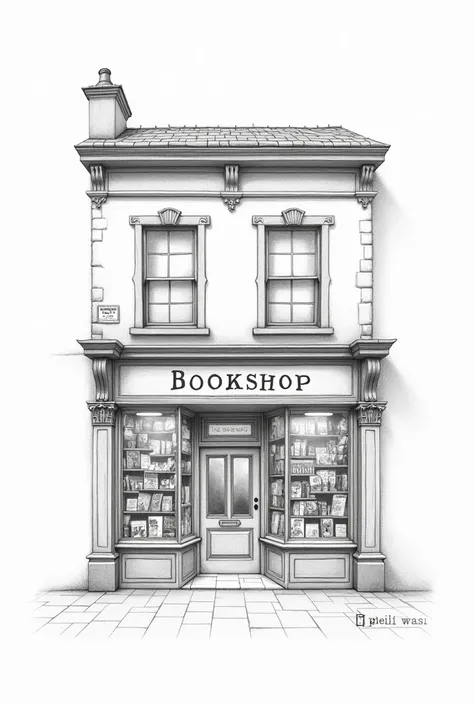 Front building draw , with book shop in light bw pencil sketch