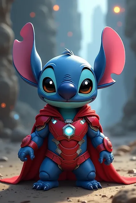 Stitch character dressed as an iron man written on top in Portuguese 