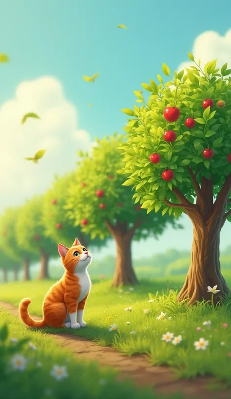 "A charming time-lapse scene: the cat stands proudly as the apple trees rapidly grow from small saplings into tall, lush trees with vibrant green leaves. The background shows shifting seasons with clear skies and gentle wind."