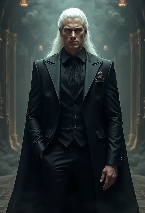 Greek god lord hades. Wears a black king suit. White hair. Handsome face. Face young.