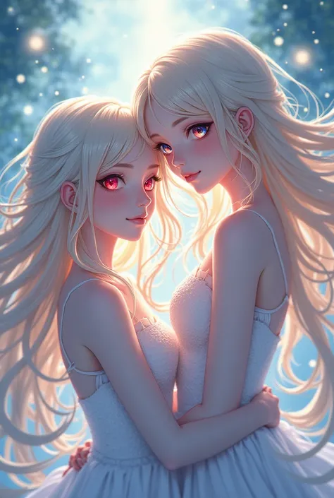 Two anime girls with long white hair, one with red eyes and one with blue eyes