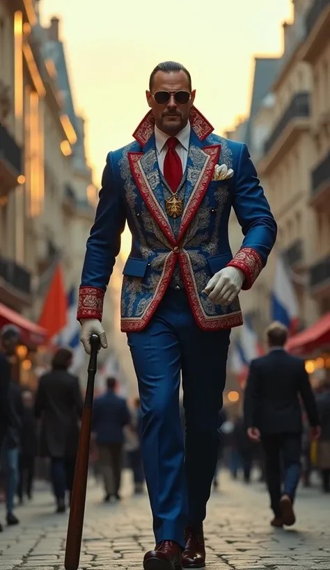 A formidable mob boss from FRANCE, walks down a bustling street in Paris City, dressed in a tailored BLUE, WHITE and RED suit with intricate Persian motifs on the RED cuffs and collar, paired with a WHITE silk pocket square symbolizing the flag of FRANCE. ...