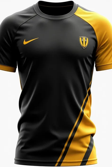  Make a team-style jersey with the following colors: black and gold, with white details 