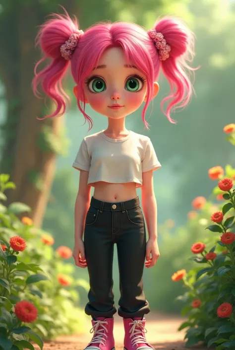 Disney Pixar-style poster of a 19-year-old girl with green eyes with hot pink hair with two bunches of round hair and loose hair behind the round bows and wearing a white croptop blouse with short sleeves and black pants with loose boots reaching the groun...