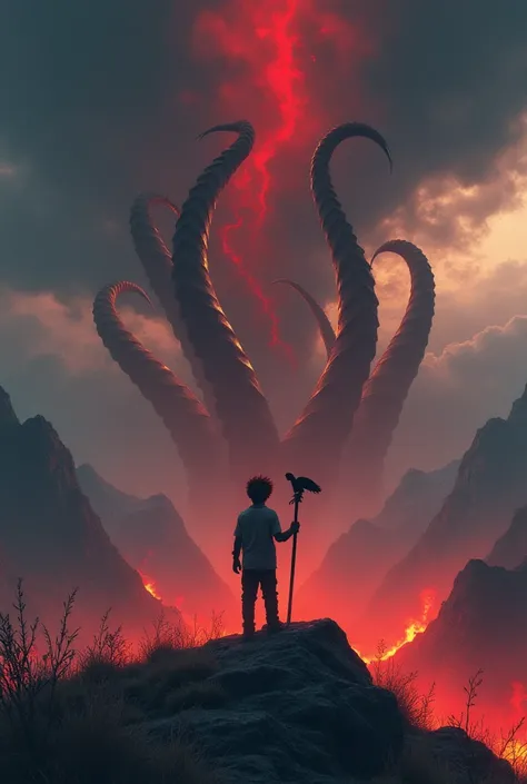 Create a third-person backwards image of a boy with a cane with an eagle's tip on a mountain looking in front of him, huge tentacles rising out of a dark cloudy sky with red rays and the ground being burned.

