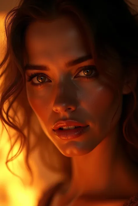 Portrait of a woman close up,  beautiful face and eyes , fire in the background,  fire illuminating the face and in the reflection, sultry and dark