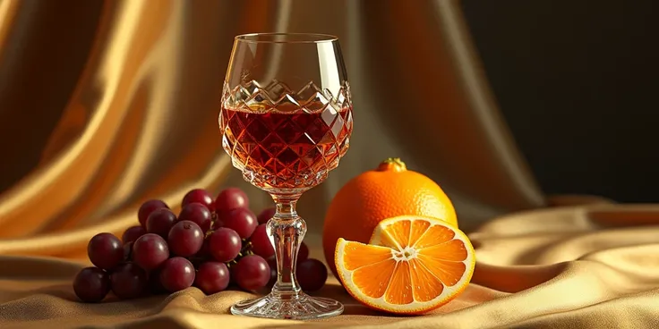 A royal glass of wine with a peeled orange with grapes placed on a table with a golden cloth