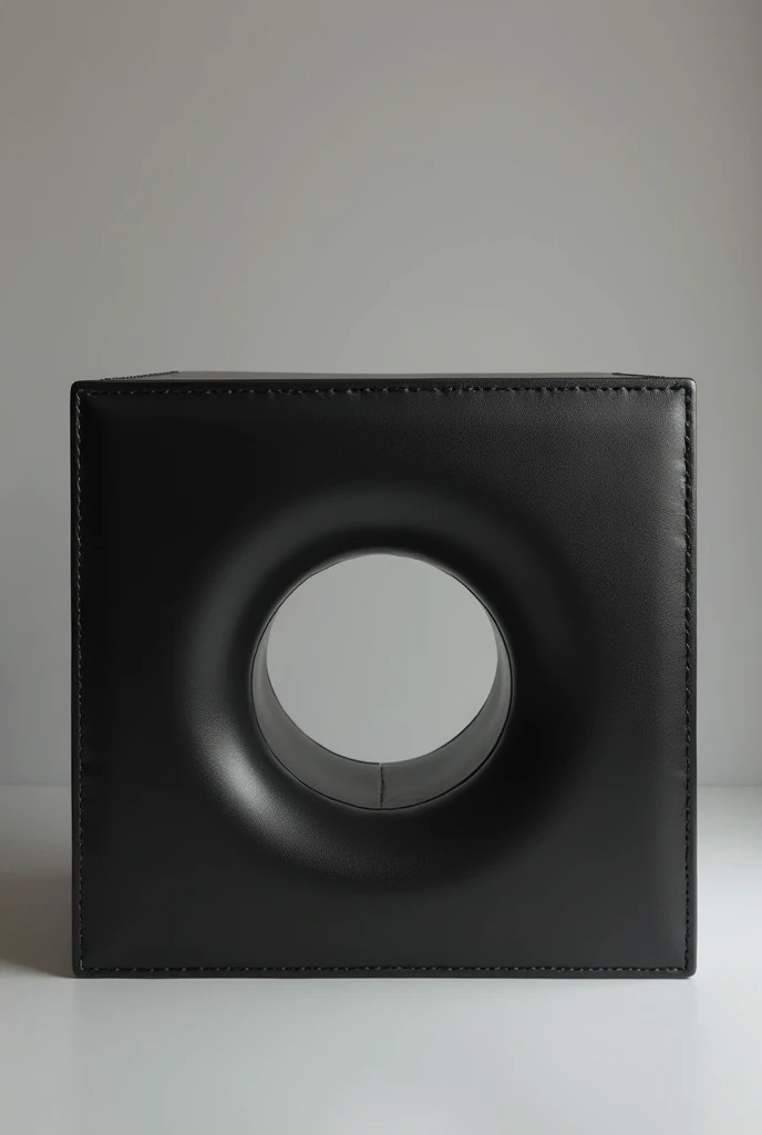 A black leather cube with a large round hole in the middle of the top surface high quality super realistic view from behind