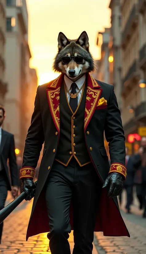 A formidable GERMANY mob boss, walks down a bustling street in BRELIN City, dressed in a tailored BLACK AND RED suit with intricate Persian motifs on the YELLOW cuffs and collar, paired with a YELLOW silk pocket square symbolizing the GERMANY flag. He hold...