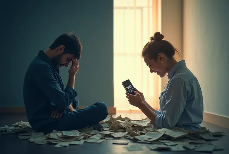  An impactful image divided in half . On the left side,  a dark scenario ,  representing debt and despair :  piles of overdue bills ,  a telephone ringing with 'bank charge' on the screen and a person with their back holding their head , clearly concerned ...