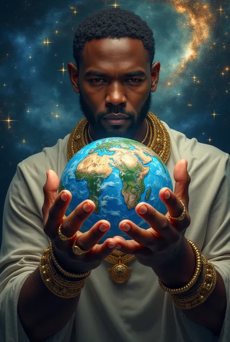 The world in one hand Morena of a man with gold rings a galaxy and star that says the world in his hands that says floating the world in his hands 