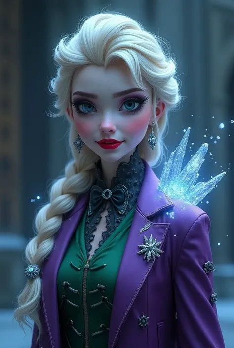 I want elsa from frozen in joker theme with exactly her anime Disney face with joker makeup nd clothes