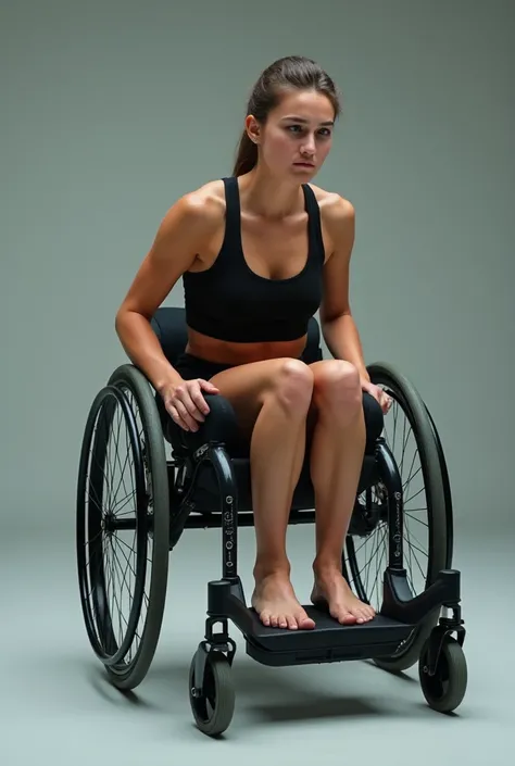 Wheelchair young woman  seat in the sport wheelchair with huge leg spasm  no shoes and socks 