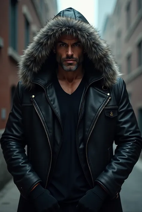 Manly man with a black jacket and gray fur on the hood that touches his crotch 