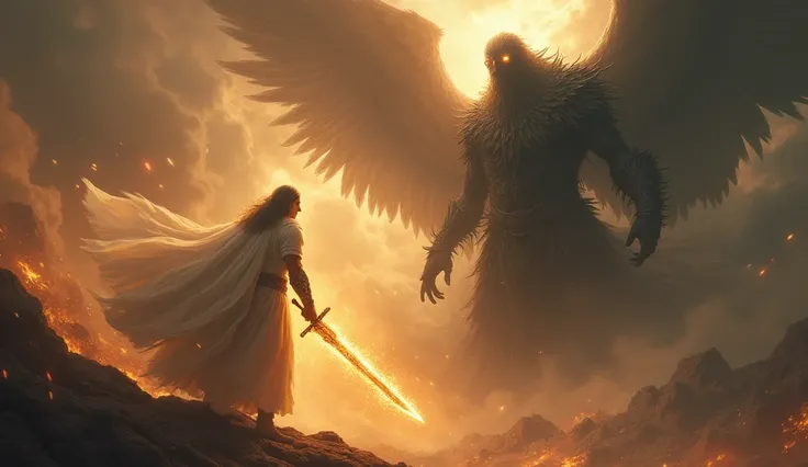 "An epic spiritual battle :  a heavenly warrior shrouded in light faces a giant dark figure, representing the corrupted Nephilim .  The warrior holds a flaming sword ,  while the giant has glowing eyes and a menacing appearance .  The background depicts a ...