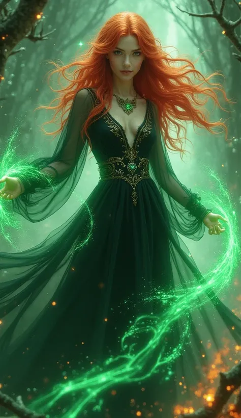 red-haired witch,  black dress, Fantasy, 4K, 8D, Flame emerald green